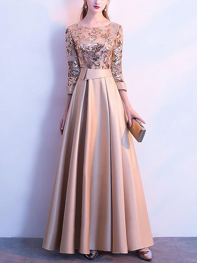 Women's Dress - Party Dress Sequin Dress Swing Dress Maxi long Dress Silver Champagne Dark Blue 3/4 Length Sleeve Color Block Sequins Winter Fall Spring Crew Neck Fashion Party Evening Party Wedding Guest