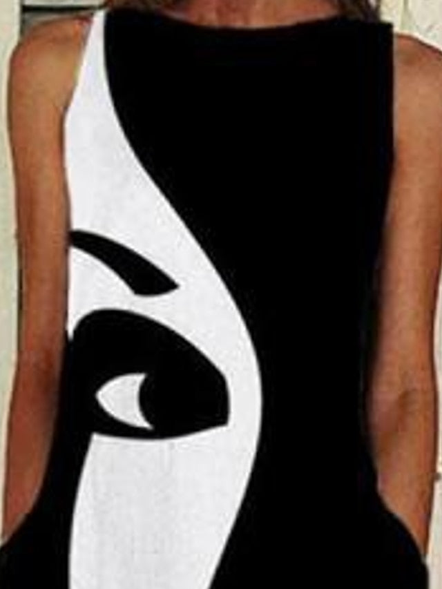 Women's Dress - Casual Dress Midi Dress Black Sleeveless Print Print Spring Summer Crew Neck Casual Weekend 2023 S M L XL XXL 3XL