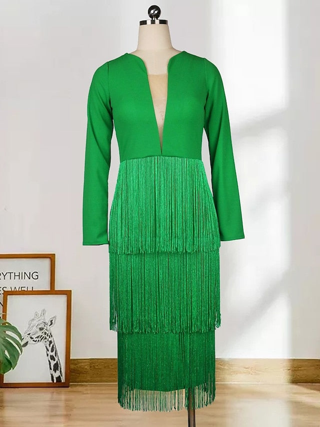 Women's Dress - Semi Formal Party Dress Fringe Dress Midi Dress Pink Long Sleeve Pure Color Tassel Fringe Winter Fall Autumn V Neck Stylish Winter Dress Fall Dress 2023 S M L XL XXL