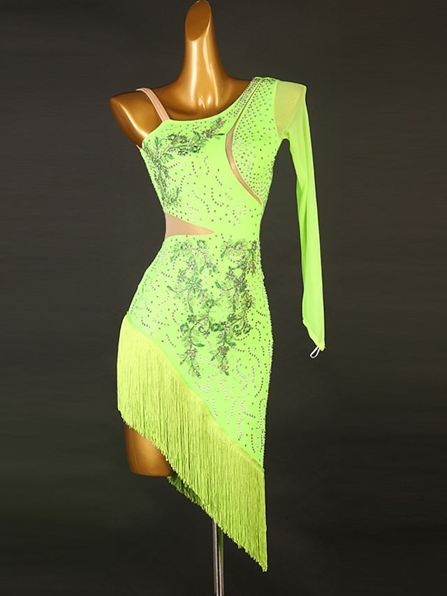 Latin Dance Dress Tassel Split Joint Crystals / Rhinestones Women's Performance Training Long Sleeve Chinlon Mesh - LuckyFash™