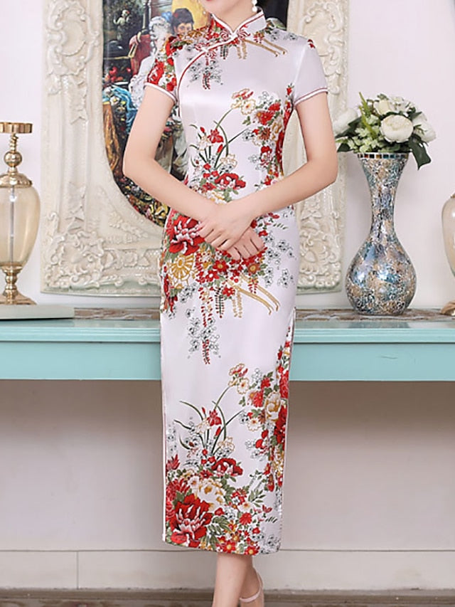 Women's Dress - Cheongsam Floral Mandarin Collar Chinoiserie Dress Long Dress Maxi Dress Light Pink Black Blue Short Sleeve Spring Summer Weekend S M L XL XXL 3XL 4XL 5XL 6XL