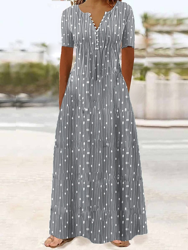 Women's Dress - Long Dress Maxi Dress Casual Dress A Line Dress Print Dress Graphic Streetwear Casual Daily Holiday Vacation Button Pocket Short Sleeve V Neck Dress Regular Fit Red Blue Dark Blue Summer