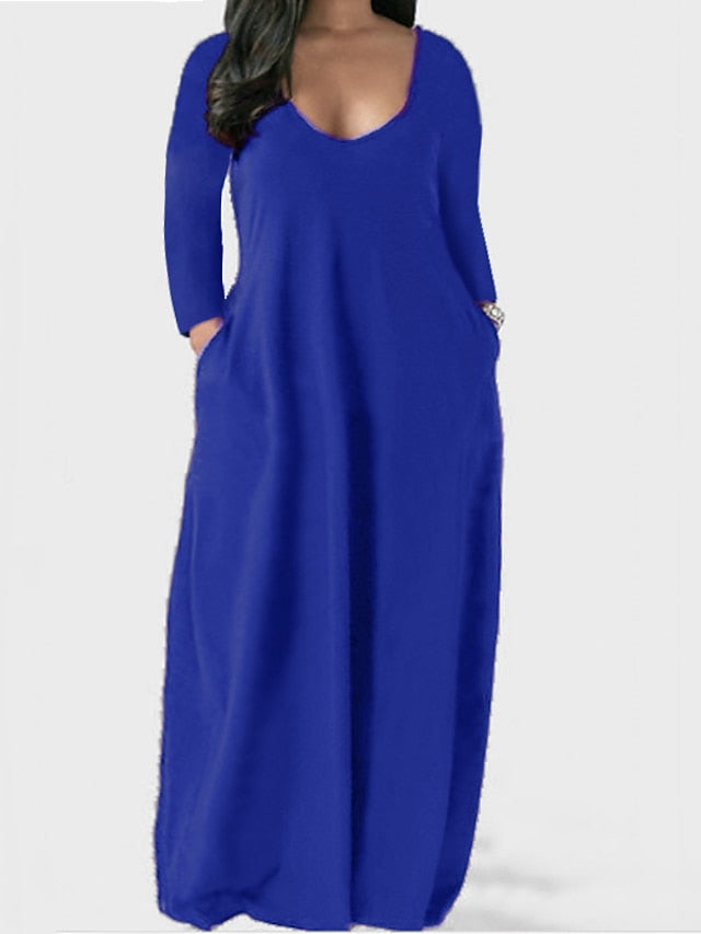 Women's Dress - Plus Size Shift Dress Solid Color Boat Neck Long Sleeve Spring Fall Basic Casual Maxi long Dress Daily Vacation Dress