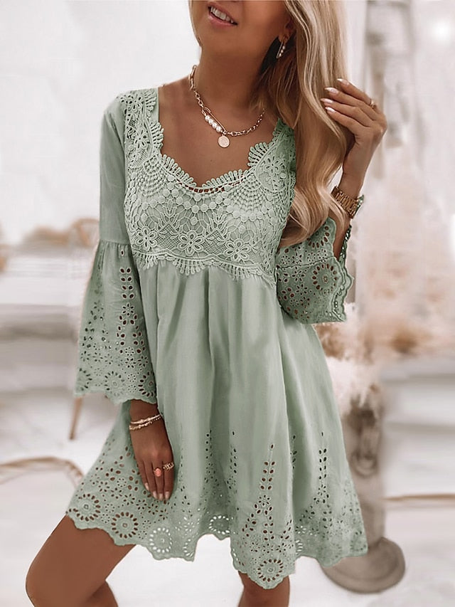 Women's Dress - Casual Dress Lace Dress Summer Dress Plain Lace Hollow Out U Neck Mini Dress Fashion Streetwear Outdoor Daily 3/4 Length Sleeve Loose Fit White Green Apricot Summer Spring S M L XL XXL