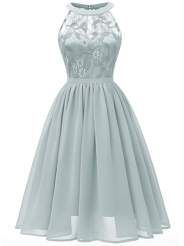 Women's Dress - Party Dress Wedding Guest Lace Dress A Line Dress Midi Dress Pink Wine Navy Blue Sleeveless Pure Color Lace Summer Spring Halter Party Slim 2023 S M L XL XXL