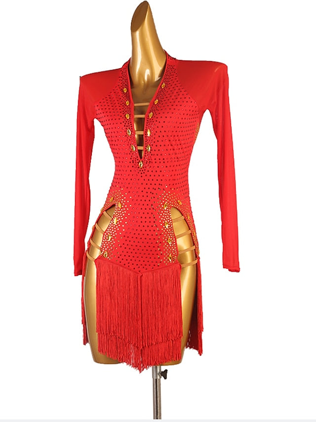 Latin Dance Dress Tassel Crystals / Rhinestones Women's Performance Long Sleeve Chinlon Mesh - LuckyFash™