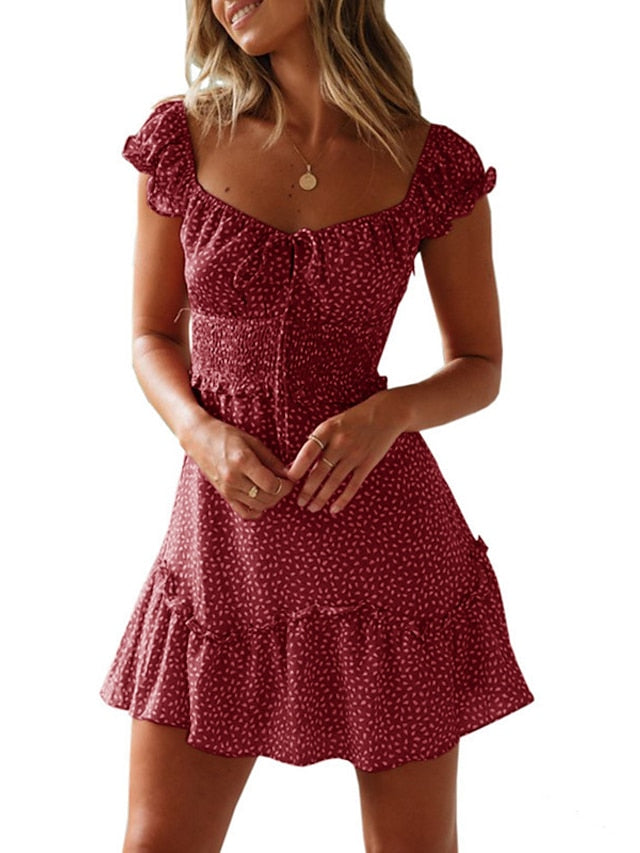 Women's Dress - Casual Dress Sundress Ruched Dress Mini Dress Red Red Wine Navy Blue Short Sleeve Floral Lace up Summer Spring Fall Square Neck Fashion Vacation Summer Dress 2023 S M L XL XXL XXXL