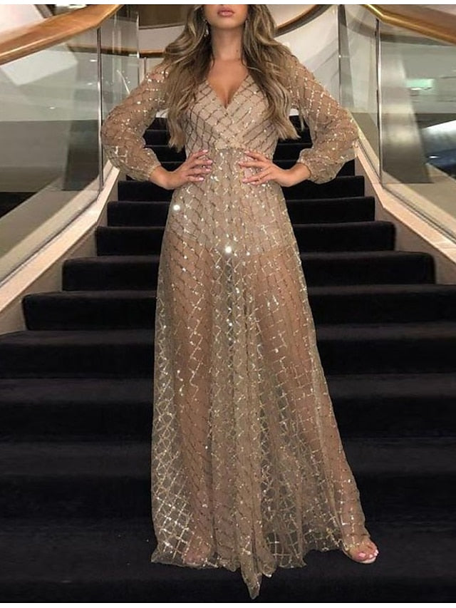 Women's Dress - Formal Party Dress Swing Dress Long Dress Maxi Dress Black Gold Long Sleeve Pure Color Mesh Winter Fall Spring V Neck Fashion Wedding Winter Dress 2023 S M L XL XXL