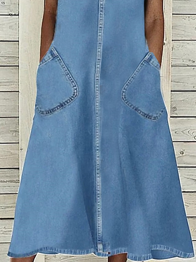 Women's Dress - Denim Dress Casual Dress Midi Dress Denim Classic Casual Outdoor Daily Vacation U Neck Lace Pocket Short Sleeve Summer Spring 2023 Regular Fit Blue Plain S M L XL 2XL