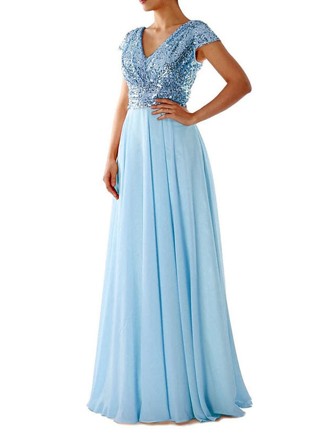 Women's Dress - Swing Dress Maxi long Dress Party Dress Light Blue Short Sleeve Pure Color V Neck Sequins Chiffon Evening Dress Ruched Patchwork Spring Summer Personalized Stylish Elegant Luxurious