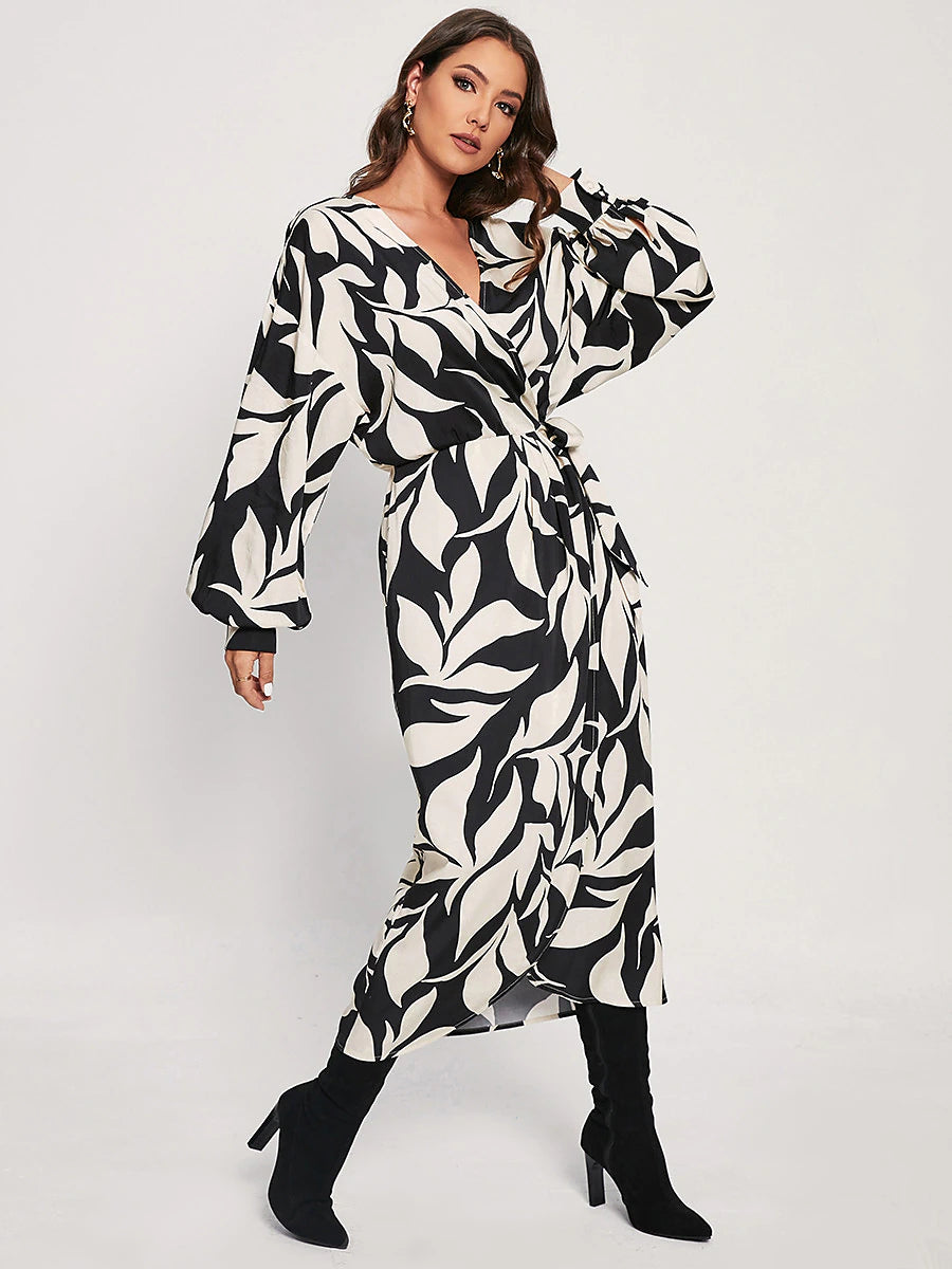 Leaf Floral Wrap Dress Tencel Midi Dress Black And White Print