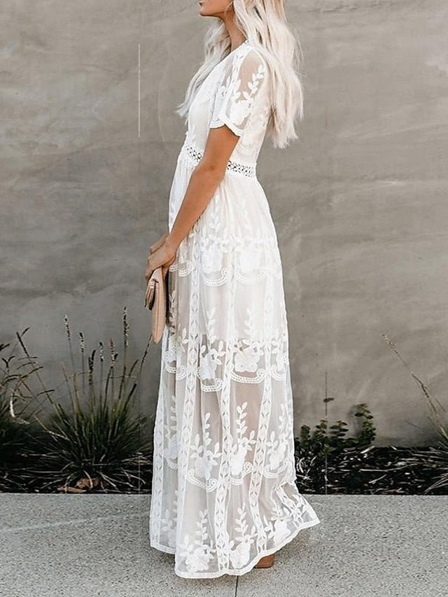 Women's Dress - Party Dress Lace Dress Sheath Dress Long Dress Maxi Dress White Short Sleeve Pure Color Fall Spring Summer Deep V S M L XL XXL