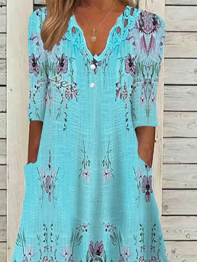 Women's Dress - Casual Dress Ethnic Dress Swing Dress Midi Dress Blue Half Sleeve Floral Ruched Fall Spring Summer V Neck Basic Daily Vacation Loose Fit 2023 S M L XL XXL 3XL