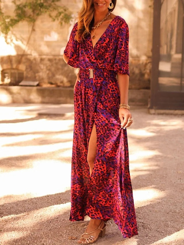 Women's Dress - Long Dress Maxi Dress Casual Dress Floral Dress Boho Dress Floral Casual Outdoor Daily Going out Lace up Split Long Sleeve V Neck Dress Loose Fit Black Red Green Fall Spring S M L XL XXL