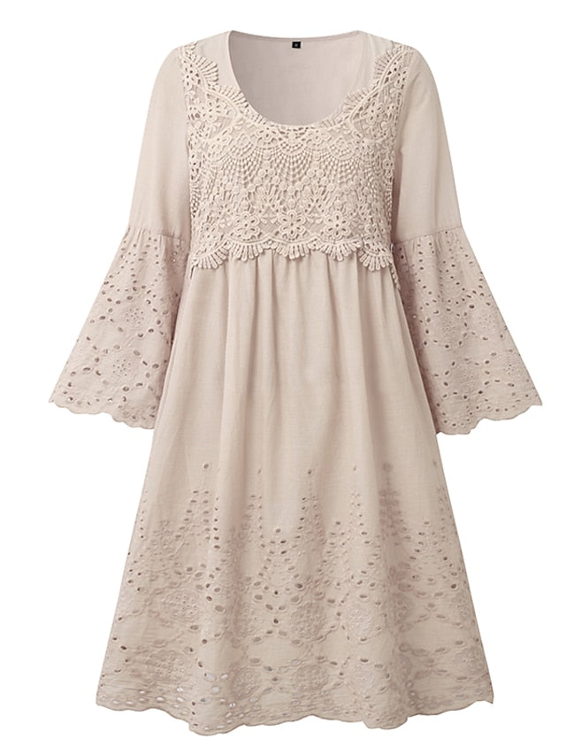 Women's Dress - Casual Dress Lace Dress Summer Dress Plain Lace Hollow Out U Neck Mini Dress Fashion Streetwear Outdoor Daily 3/4 Length Sleeve Loose Fit White Green Apricot Summer Spring S M L XL XXL