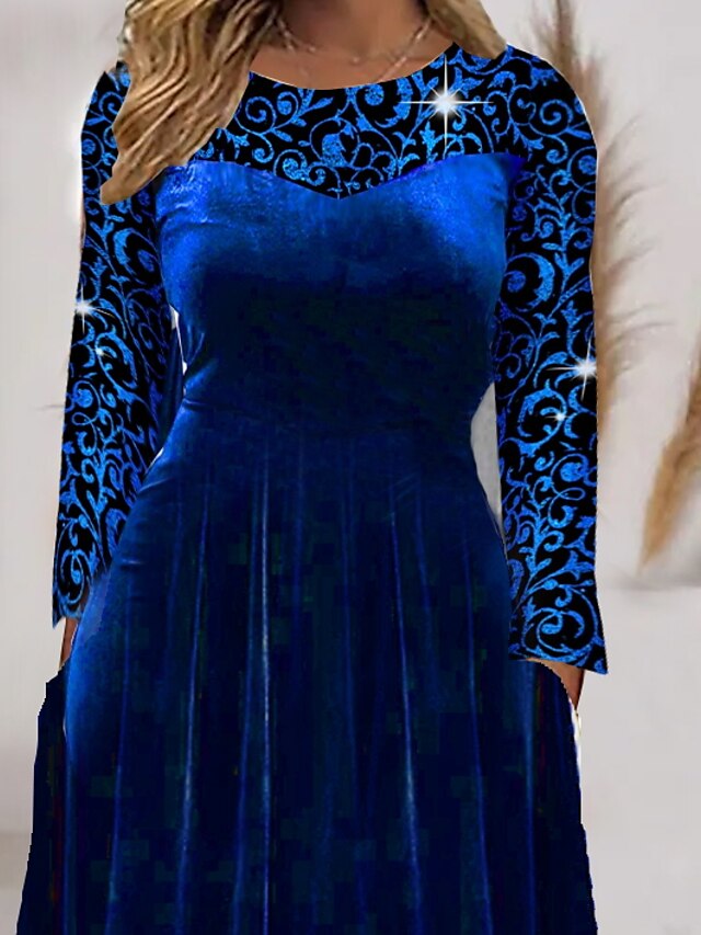 Women's Dress - Party Dress Wedding Guest Dress Velvet Dress Swing Dress Midi Dress Blue Long Sleeve Pure Color Velvet Spring Fall Winter Crew Neck Stylish Winter Dress Fall Dress 2023 S M L XL 2XL 3XL