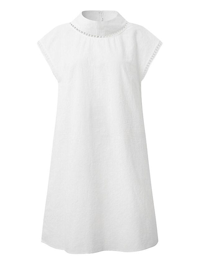 Women's Dress - Casual Dress Cotton Linen Dress Shift Dress Midi Dress Cotton Blend Fashion Basic Outdoor Daily Vacation Stand Collar Hollow Out Eyelet Short Sleeve Summer Spring 2023 Loose Fit White Blue