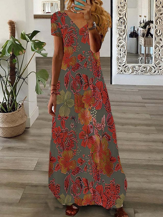 Women's Dress - Long Dress Maxi Dress Casual Dress Print Dress Graphic Floral Fashion Modern Daily Holiday Vacation Short Sleeve V Neck Dress Regular Fit White Pink Wine Summer Spring S M L XL 2XL 3XL 4XL 5XL