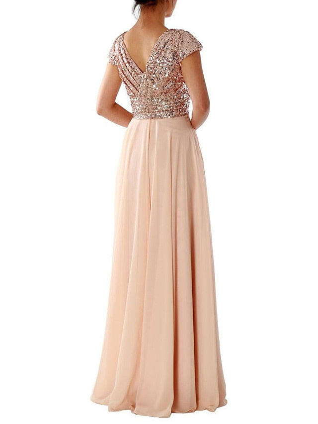 Women's Dress - Swing Dress Maxi long Dress Party Dress Light Blue Short Sleeve Pure Color V Neck Sequins Chiffon Evening Dress Ruched Patchwork Spring Summer Personalized Stylish Elegant Luxurious