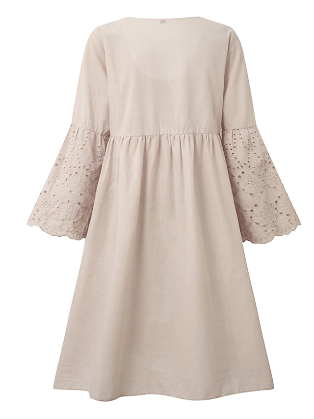 Women's Dress - Casual Dress Lace Dress Summer Dress Plain Lace Hollow Out U Neck Mini Dress Fashion Streetwear Outdoor Daily 3/4 Length Sleeve Loose Fit White Green Apricot Summer Spring S M L XL XXL