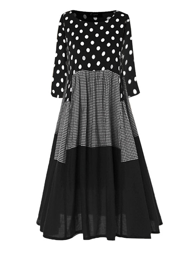 Women's Dress - A Line Dress Maxi long Dress Black Yellow Red Long Sleeve Polka Dot Patchwork Summer Spring Crew Neck Hot Winter Dress Fall Dress Loose Fit 2023 M L XL XXL 3XL 4XL 5XL