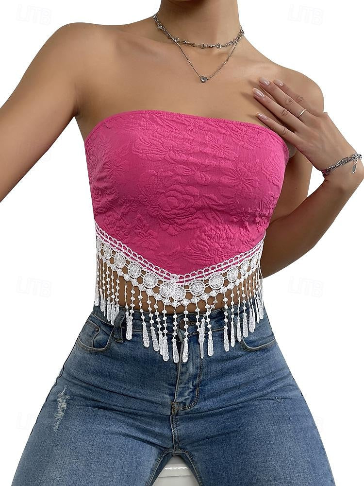 Lace Shirt Tube Top White Lace Shirt Women's White Yellow Pink Floral Tassel Street Daily Fashion S
