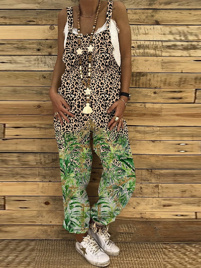 Jumpsuits for Women Summer Overall Button Pocket Animal U Neck Holiday Daily Vacation Straight Regular Fit Sleeveless Sleeveless Black White Green S M L - LuckyFash™