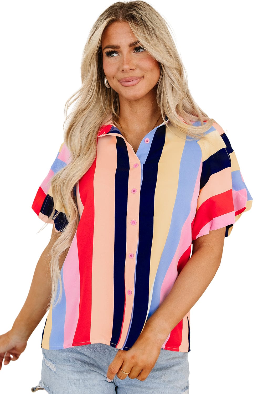 Rainbow Striped Puff Sleeve Button-Up Blouse