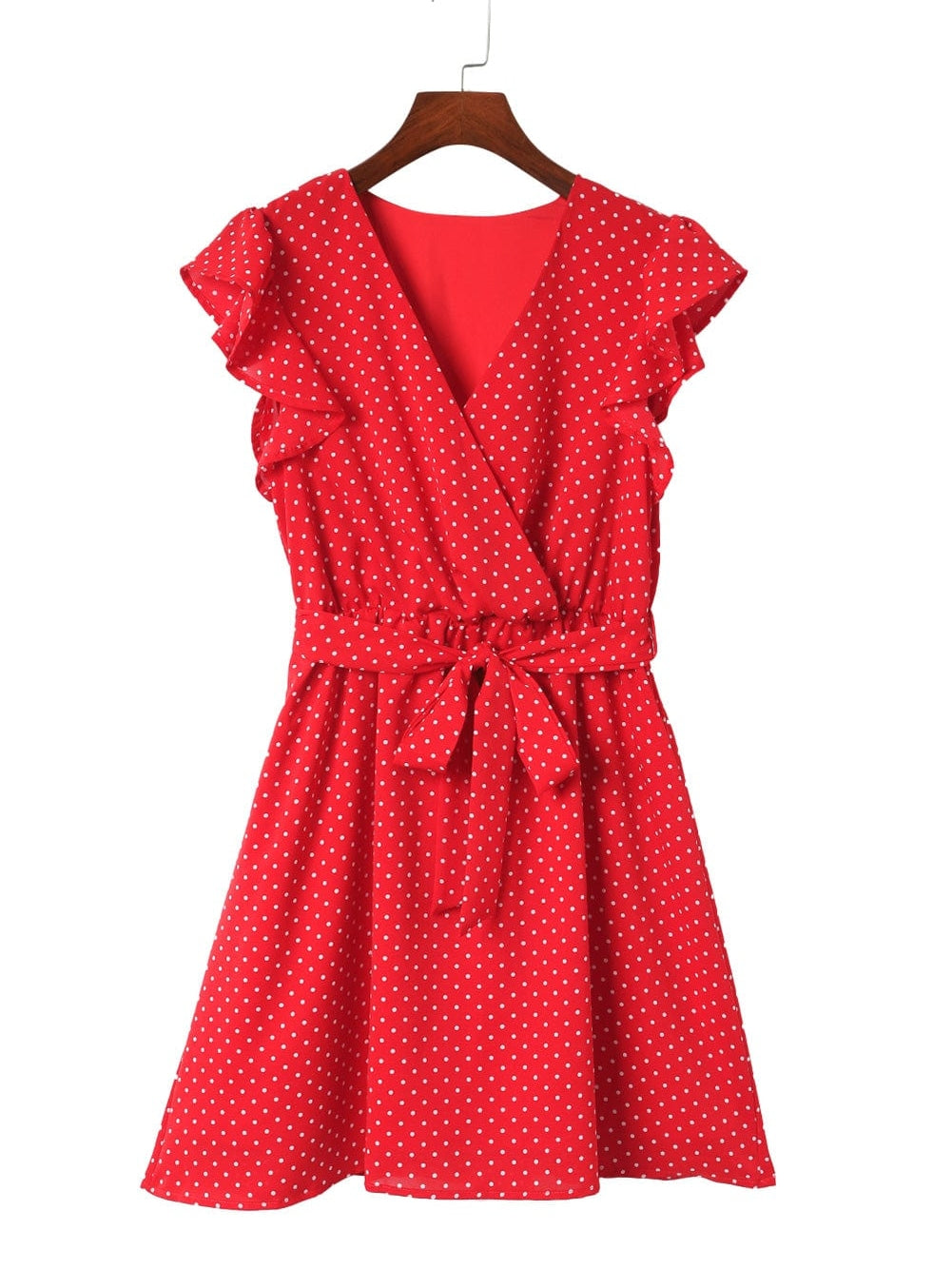 Ravishing Crimson Polka Dot V Neck Ruffle Sleeve Mini Dress