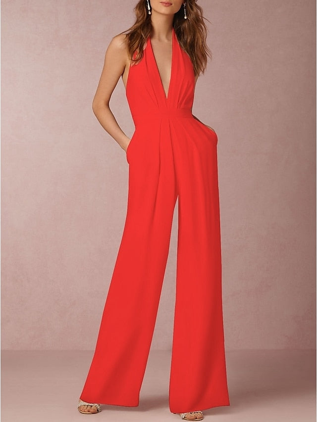 Jumpsuits for Women Sexy Neck Deep V Wide Leg Clean Fit Elegant Party Wedding Holiday Halter Green White Black Solid Color Backless Zipper - LuckyFash™