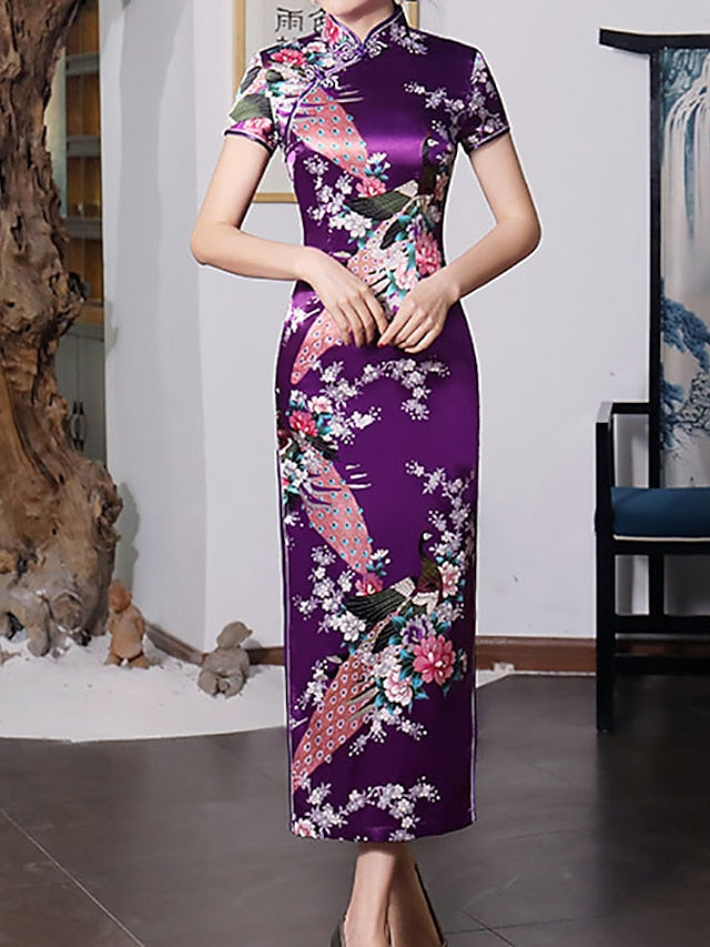 Women's Dress - Cheongsam Floral Mandarin Collar Chinoiserie Dress Long Dress Maxi Dress Light Pink Black Blue Short Sleeve Spring Summer Weekend S M L XL XXL 3XL 4XL 5XL 6XL
