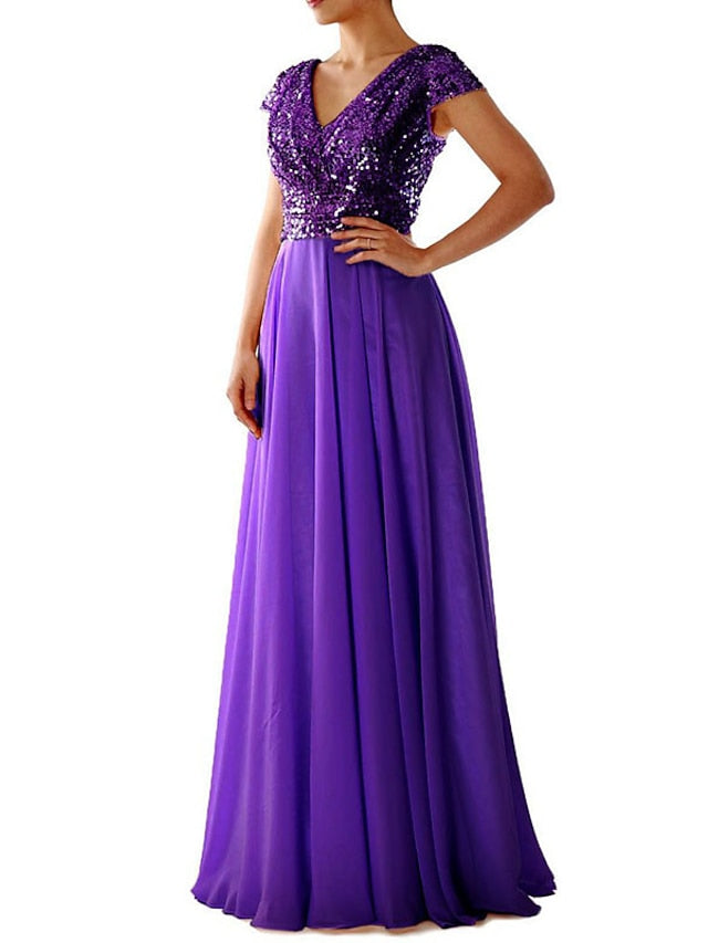 Women's Dress - Swing Dress Maxi long Dress Party Dress Light Blue Short Sleeve Pure Color V Neck Sequins Chiffon Evening Dress Ruched Patchwork Spring Summer Personalized Stylish Elegant Luxurious