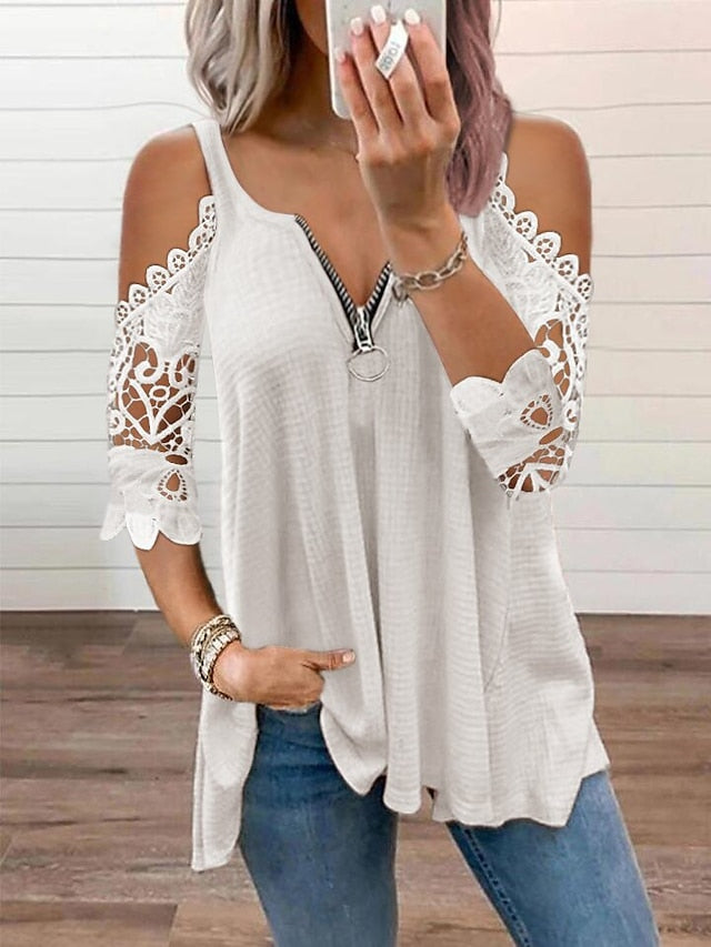Women's Blouse Lace Zipper Solid Color Lace Basic Standard Summer Black White Pink Red - LuckyFash™