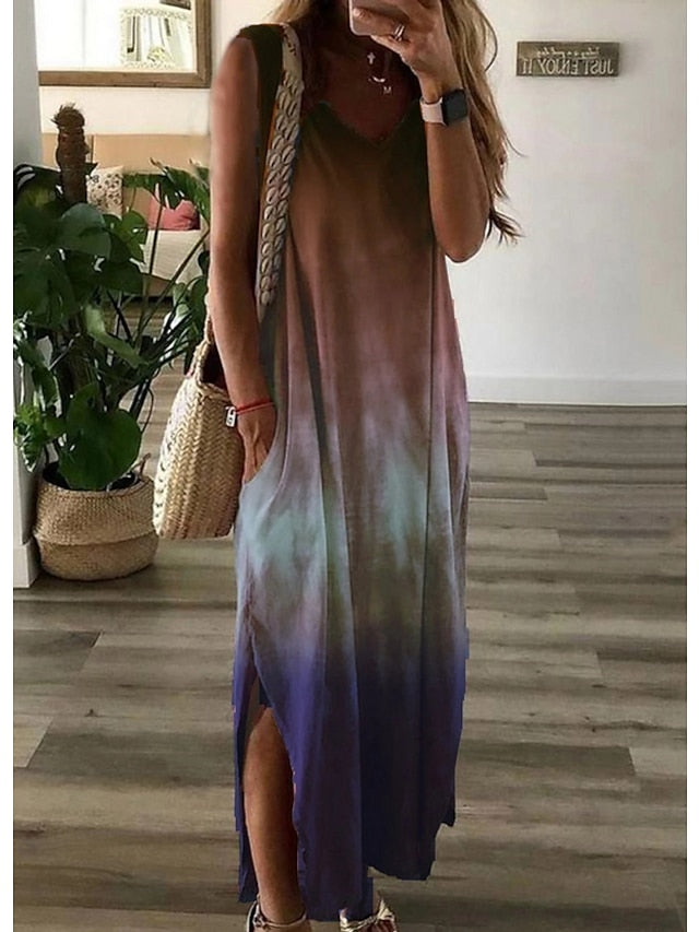 Women's Dress - Shift Dress Long Dress Maxi Dress Green Red Light Blue Sleeveless Tie Dye Spring Summer V Neck Hot S M L XL XXL 3XL