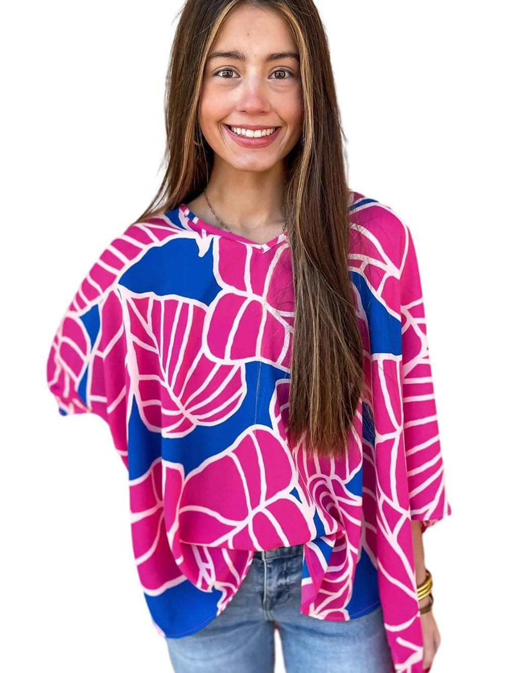 Red Rose Print Flowy V Neck Blouse with 3/4 Sleeves