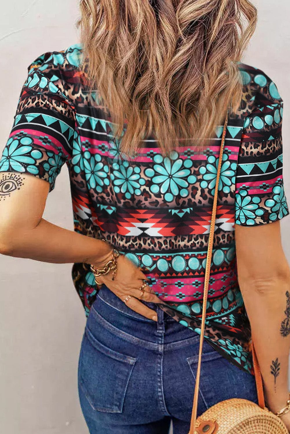 Retro Geometric Print V-neck Short-sleeved Top