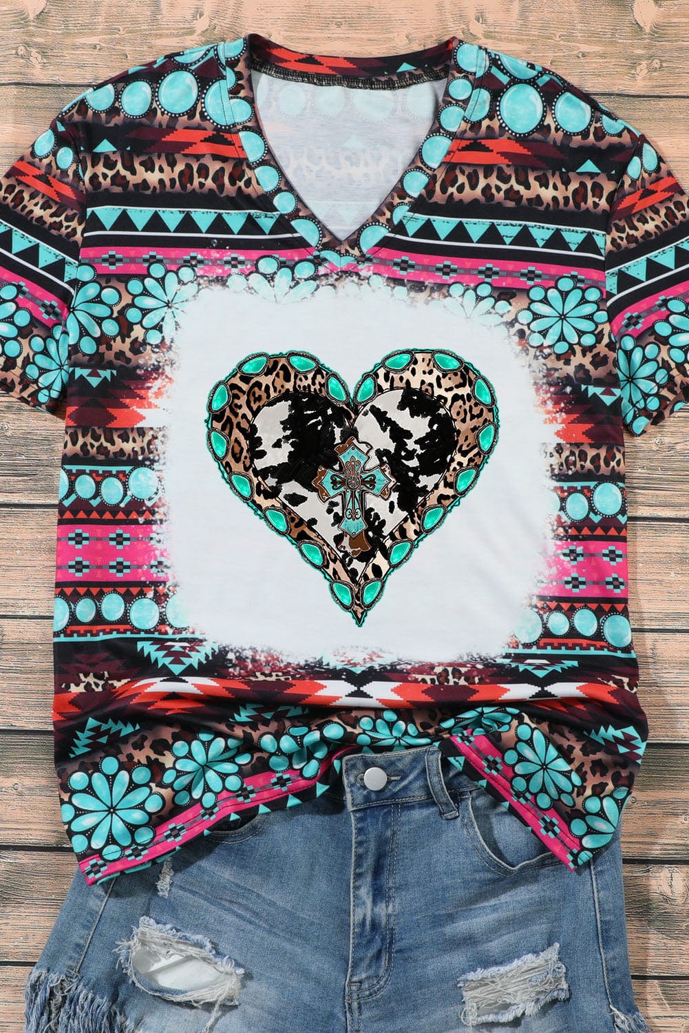 Retro Geometric Print V-neck Short-sleeved Top