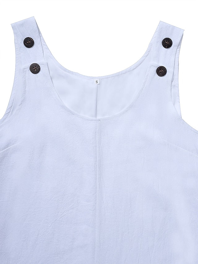 Women's Dress - Cotton Linen Dress Casual Dress Shift Dress Mini Dress Cotton Modern Casual Daily Vacation U Neck Hollow Out Button Sleeveless Summer Spring 2023 Loose Fit Black White Yellow Pure Color S M L