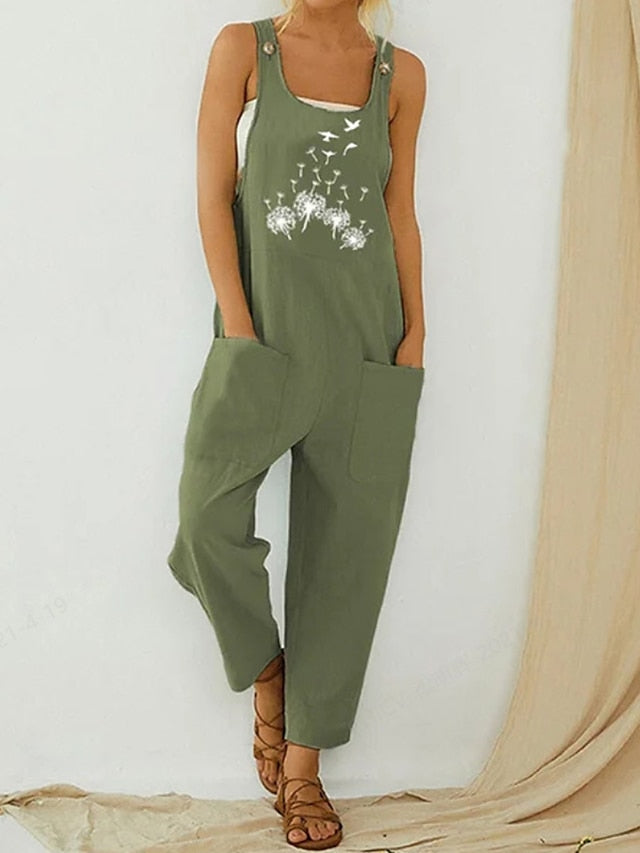 Women's Overall Pocket Print Floral U Neck Streetwear Street Daily Regular Fit Sleeveless Army Green Blue S M L Summer - LuckyFash™