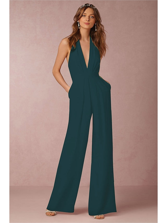 Jumpsuits for Women Sexy Neck Deep V Wide Leg Clean Fit Elegant Party Wedding Holiday Halter Green White Black Solid Color Backless Zipper - LuckyFash™