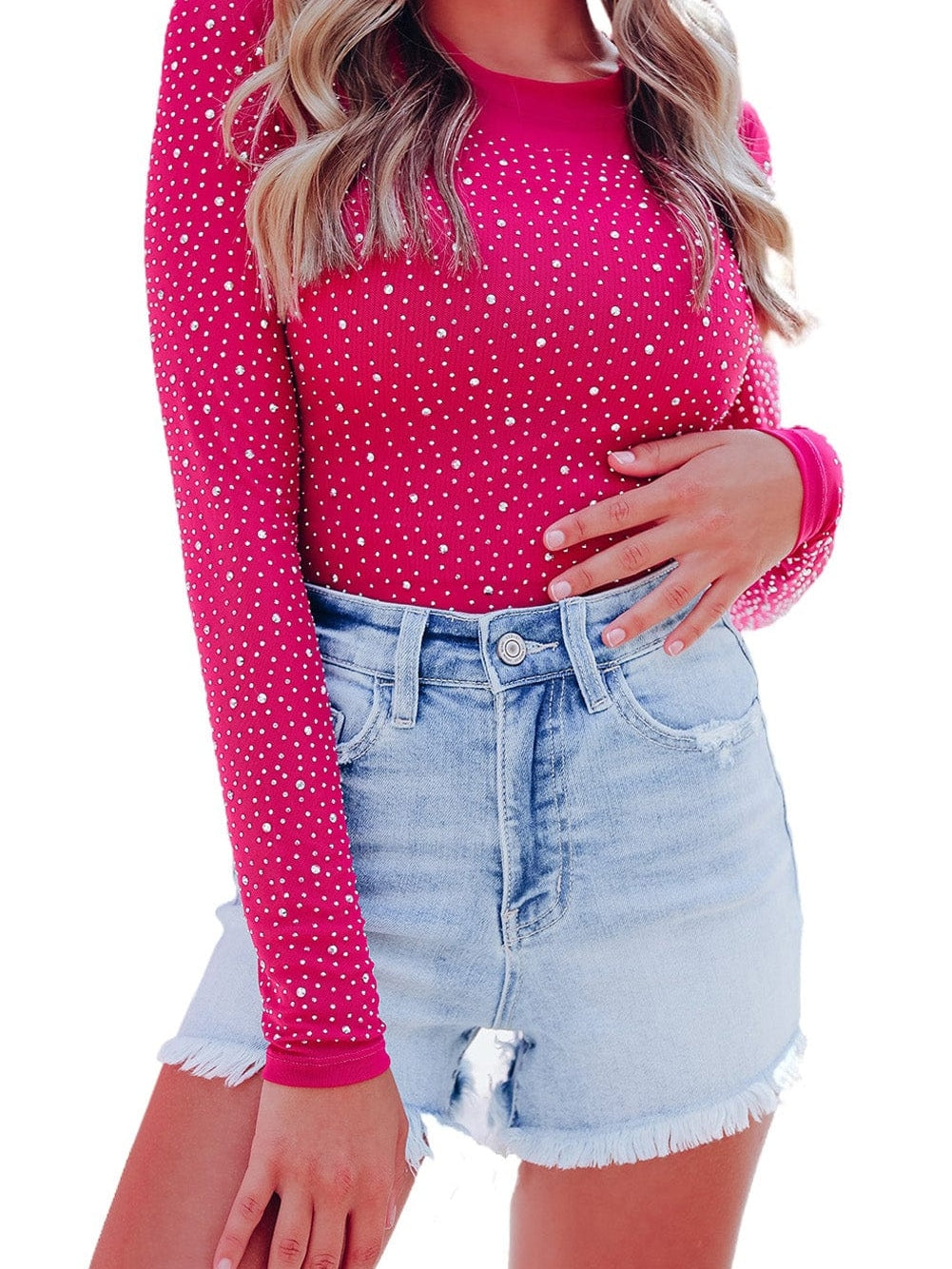 Rhinestone-Embellished Sheer Mesh Bodysuit with Rose Detail