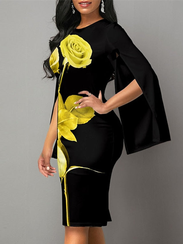 Women's Dress - Bodycon Sheath Dress Church Dress Midi Dress Black White Long Sleeve Floral Split Summer Spring Crew Neck Stylish Winter Dress Fall Dress 2023 S M L XL XXL