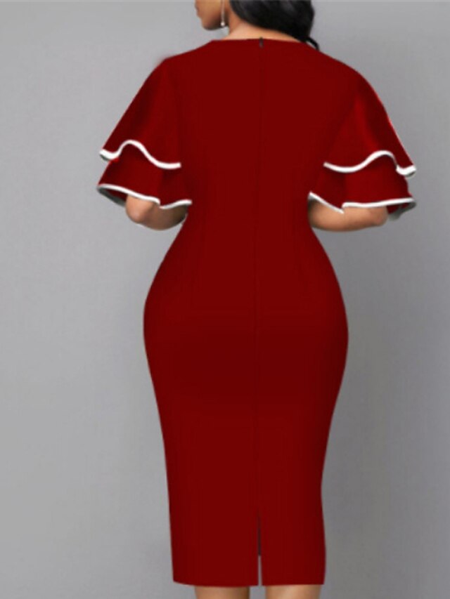 Women's Dress - Bodycon Sheath Dress Modern Dress Midi Dress Yellow Wine Royal Blue Half Sleeve Print Ruffle Summer Spring V Neck Stylish 2023 S M L XL XXL 3XL 4XL 5XL