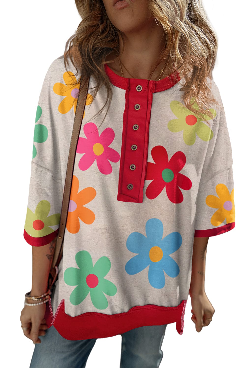 Rose Blooms Contrast Trim Drop Sleeve Tee