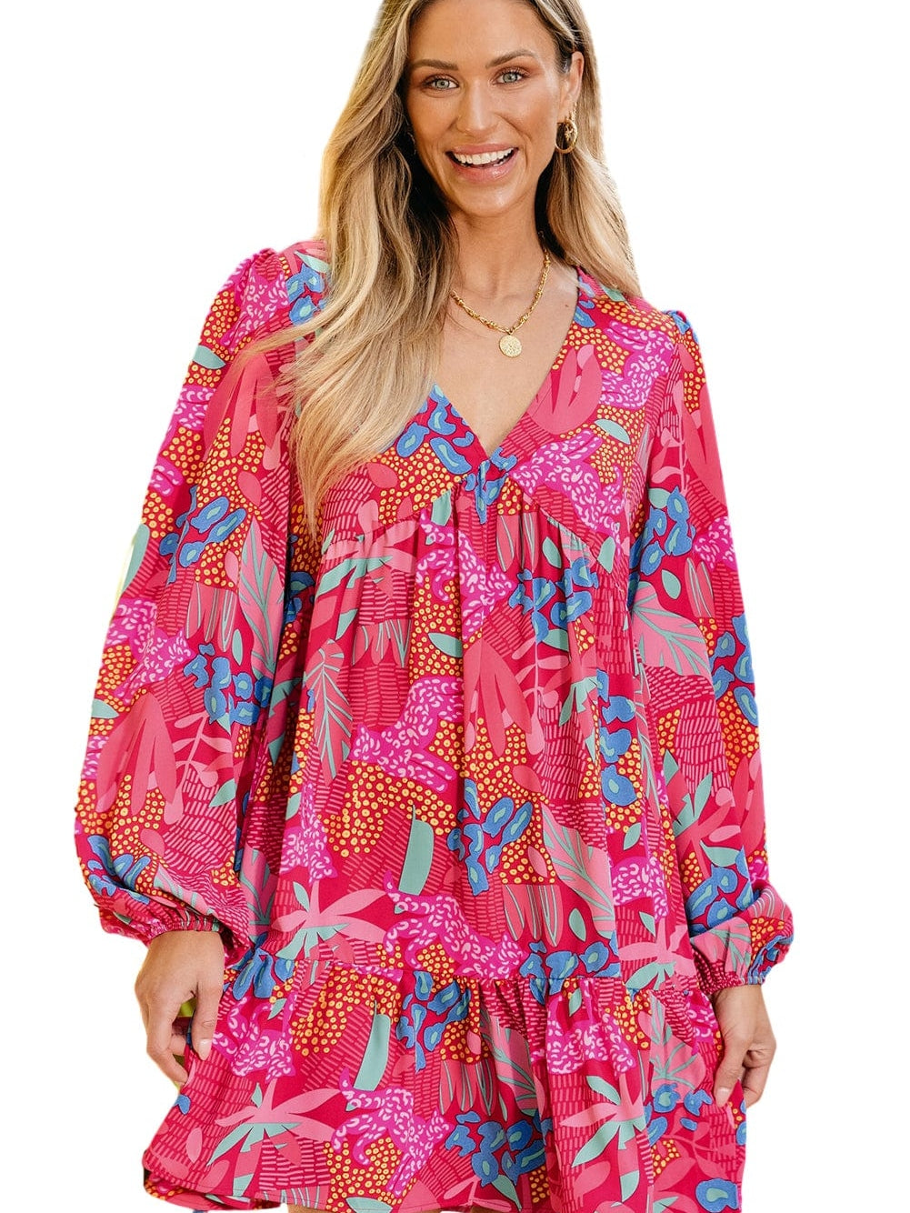 Rose Blossom V Neck Bubble Sleeve Ruffle Detail Mini Dress