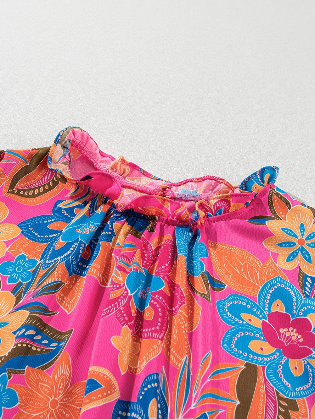 Rose Boho Floral Print Mock Neck Puff Sleeve Blouse