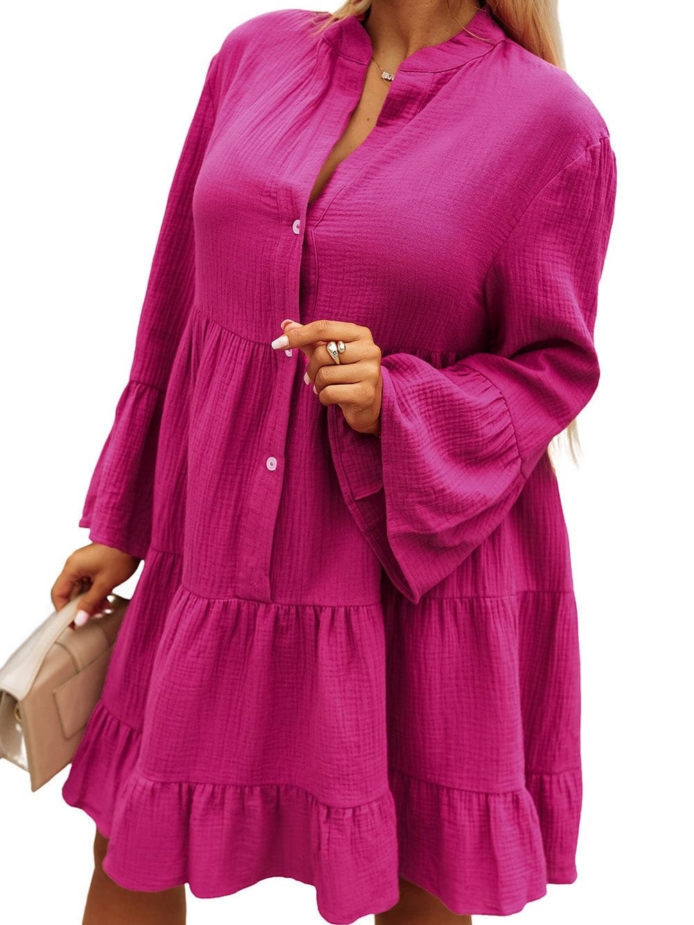 Rose Crinkled Tiered Split Neck Shirt Dress - Elegant Pink Cotton & Linen Mini Dress