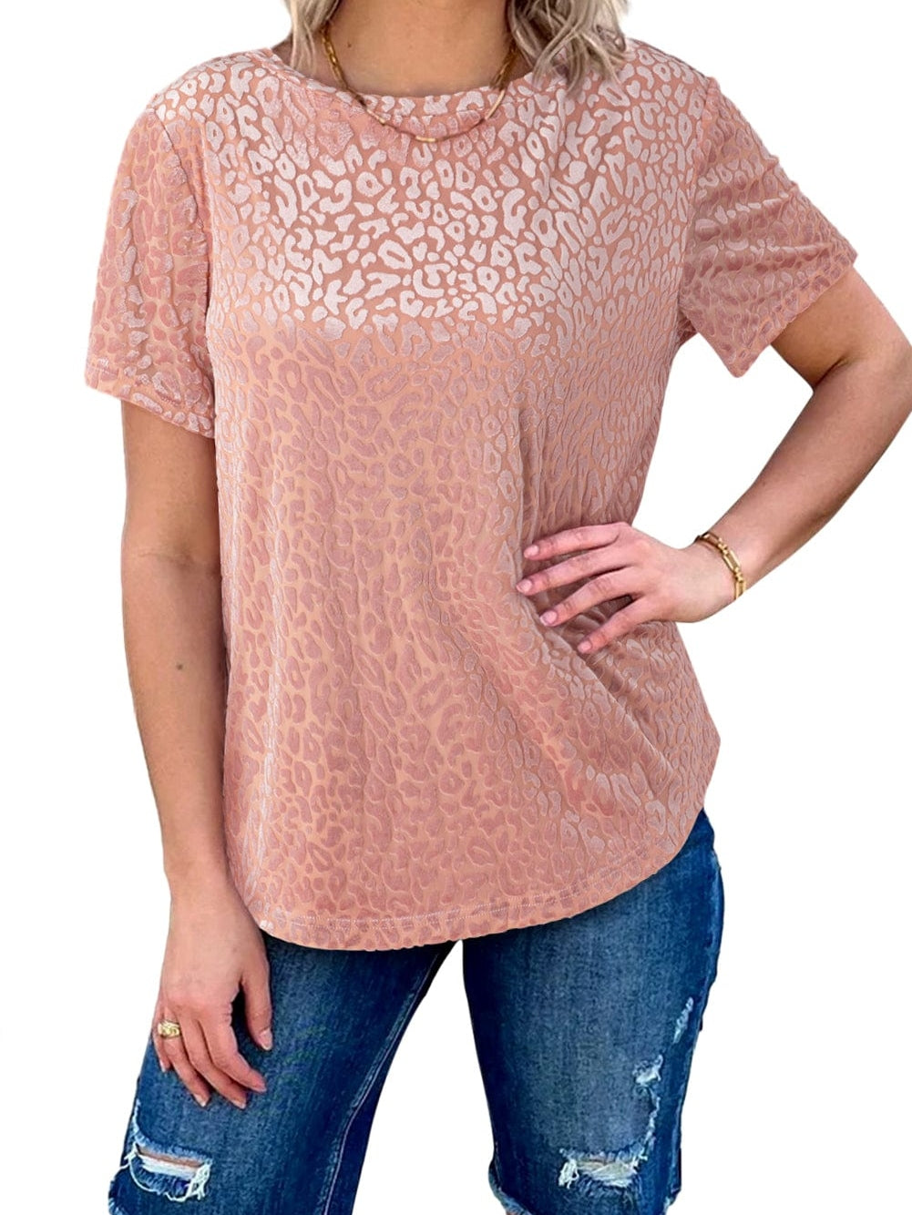 Rose Leopard Print Velvet Burnout Short Sleeve Top