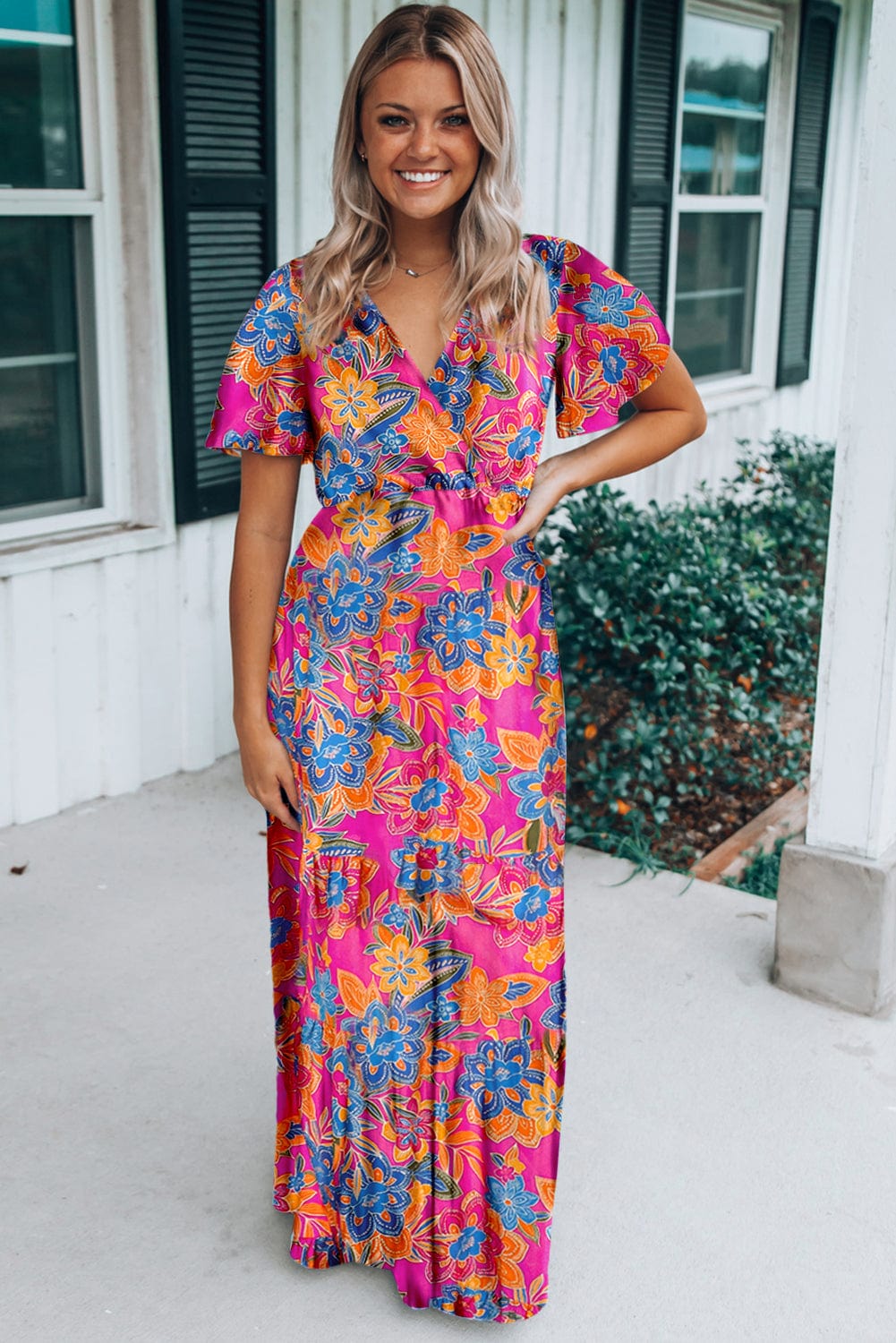 Rose Print Wrap V Neck Boho Maxi Dress