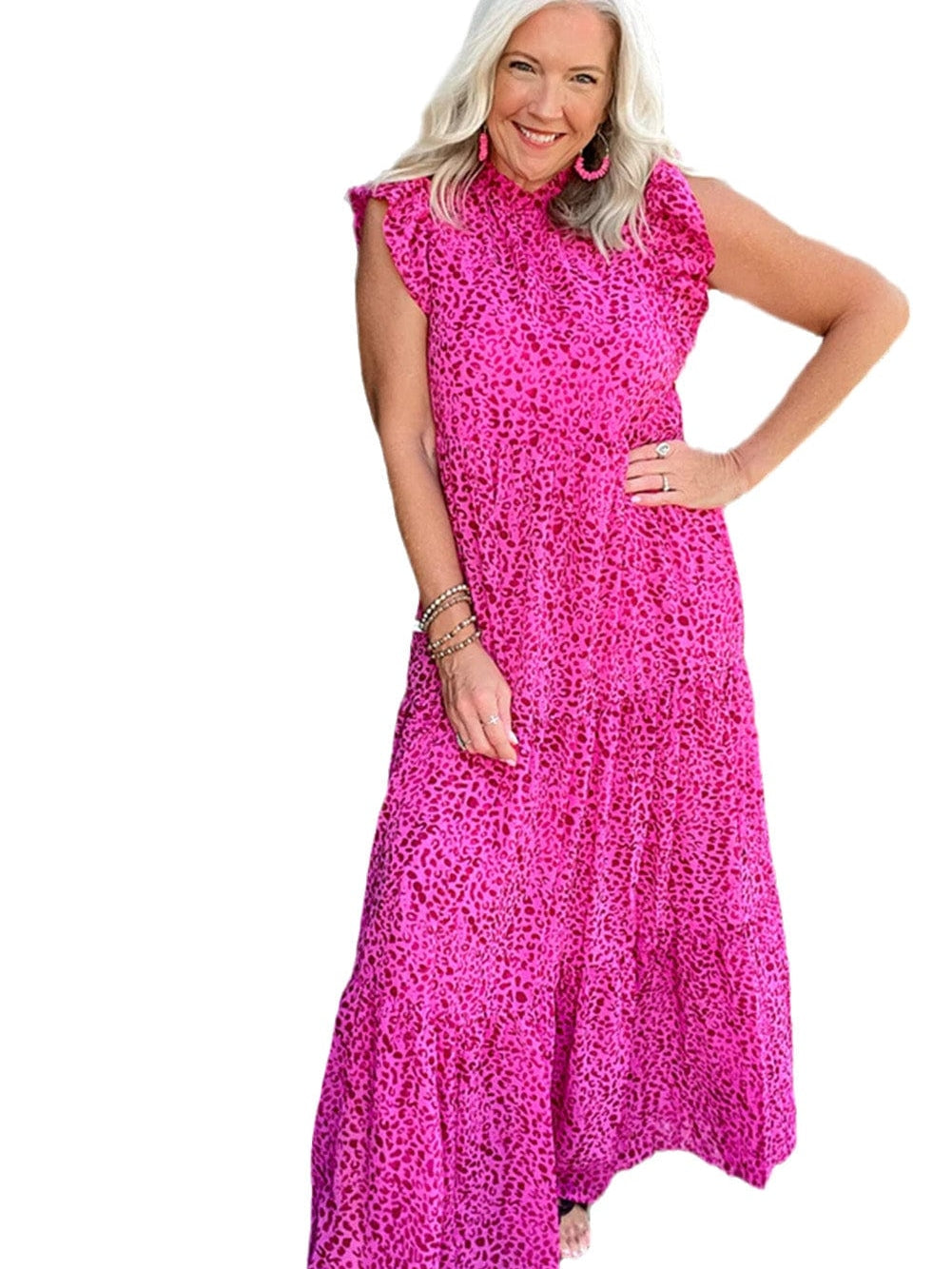 Rose Red Leopard Print Ruffle Tiered Maxi Dress with Flutter Sleeves